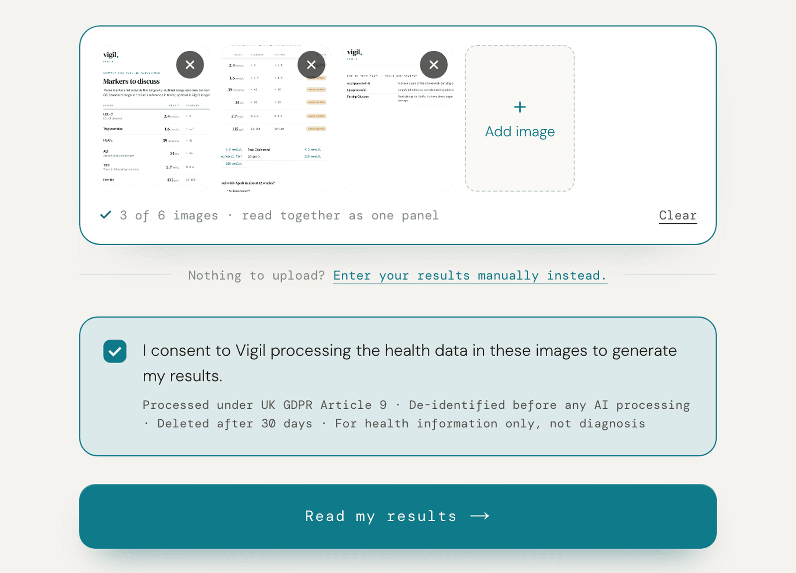 Three screenshots of blood test results selected for upload to Vigil