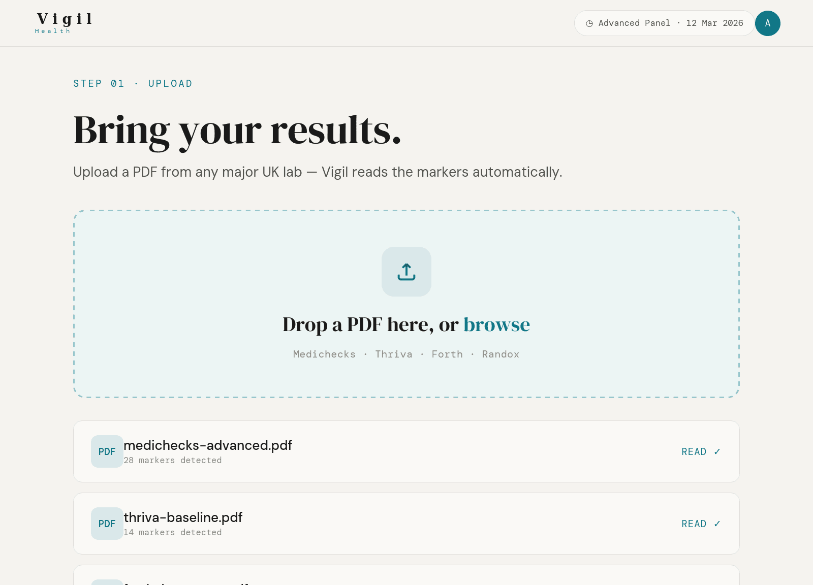 Uploading a blood test PDF to Vigil